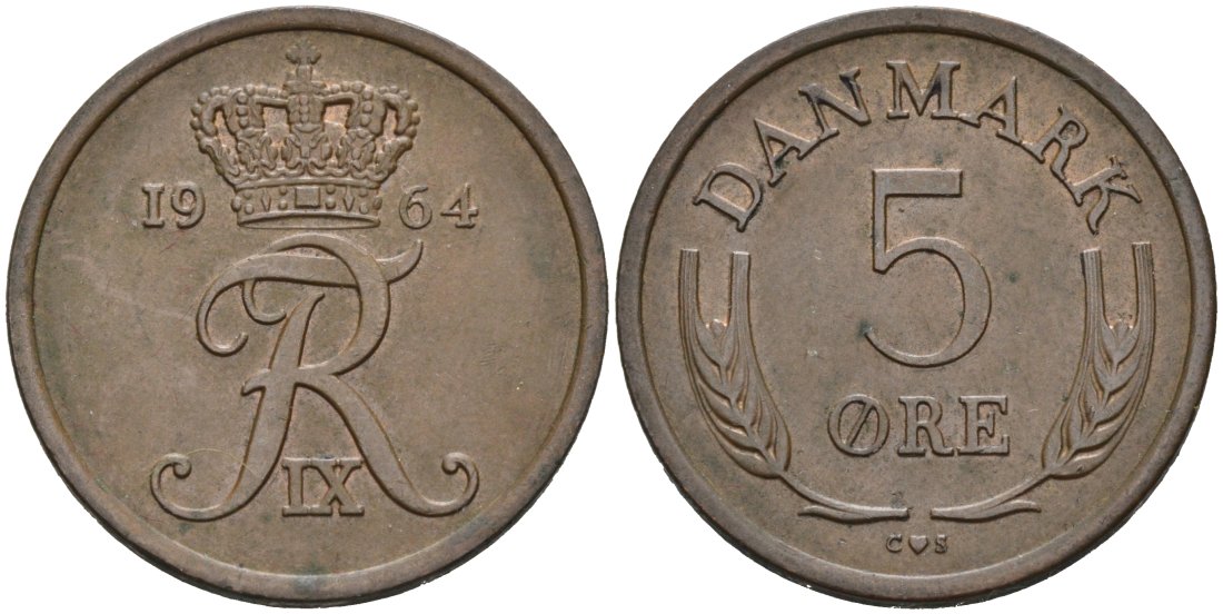 Дания 5 эре 1964 Фредерик IX (1947-1972) KM 848 бронза 4571-327
