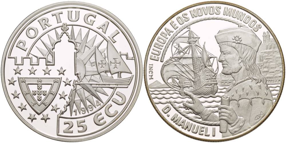 ПОРТУГАЛИЯ 25 ЭКЮ 1994 СЕРИЯ ЕВРОПА И НОВЫЙ СВЕТ, МАНУЭЛЬ I серебро PROOF 00-00