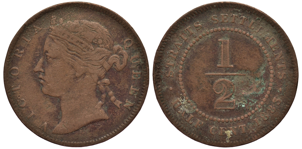 Стрейтс-Сетлментс 1/2 цента 1883 Виктория (1837-1901), редкая, медальный тип KM 8 медь 1523-333