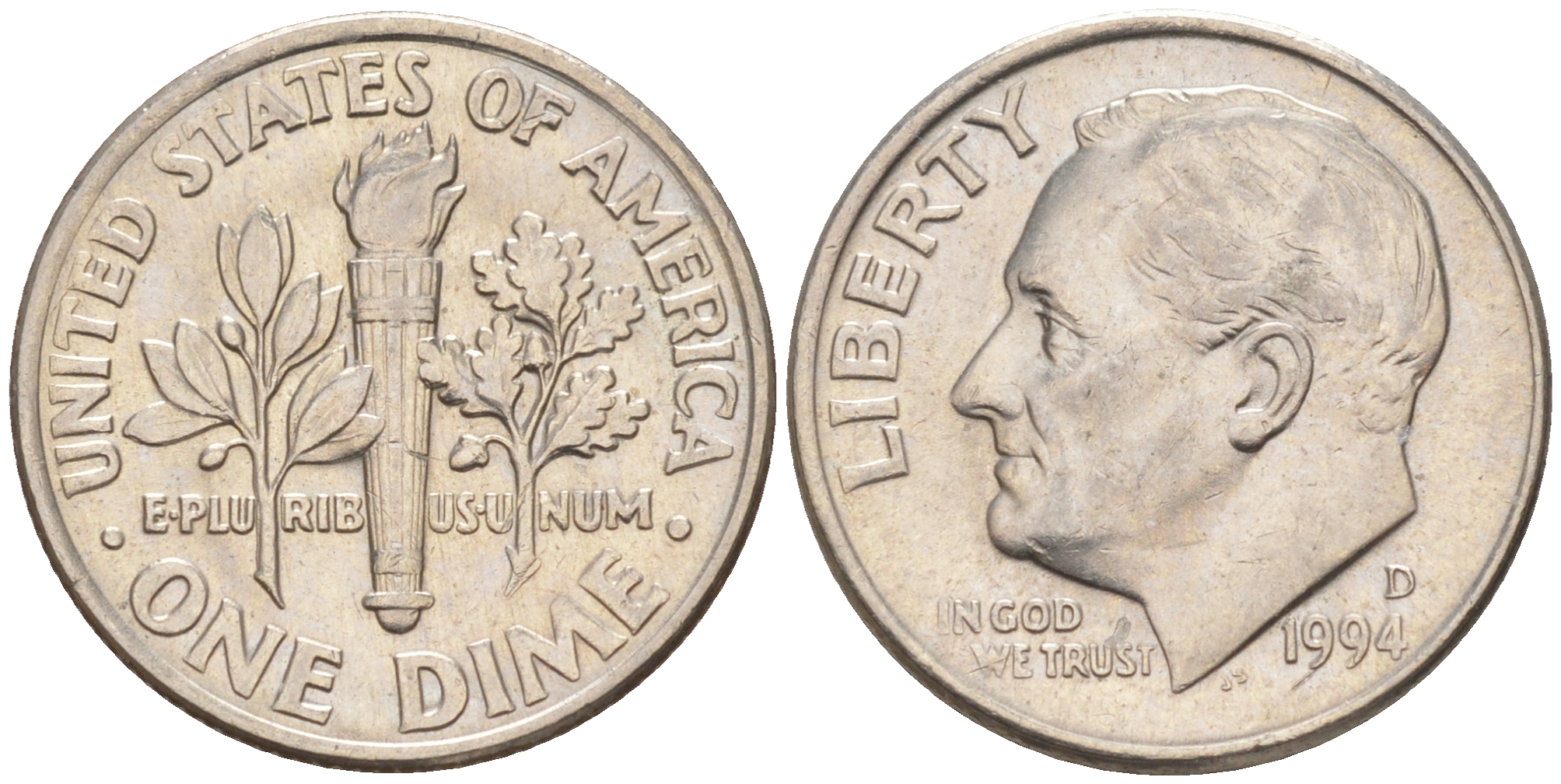 США 10 ЦЕНТОВ = 1 ДАЙМ 1994 D, РУЗВЕЛЬТ KM 195a медь плакированная медно-никелем 187-1111