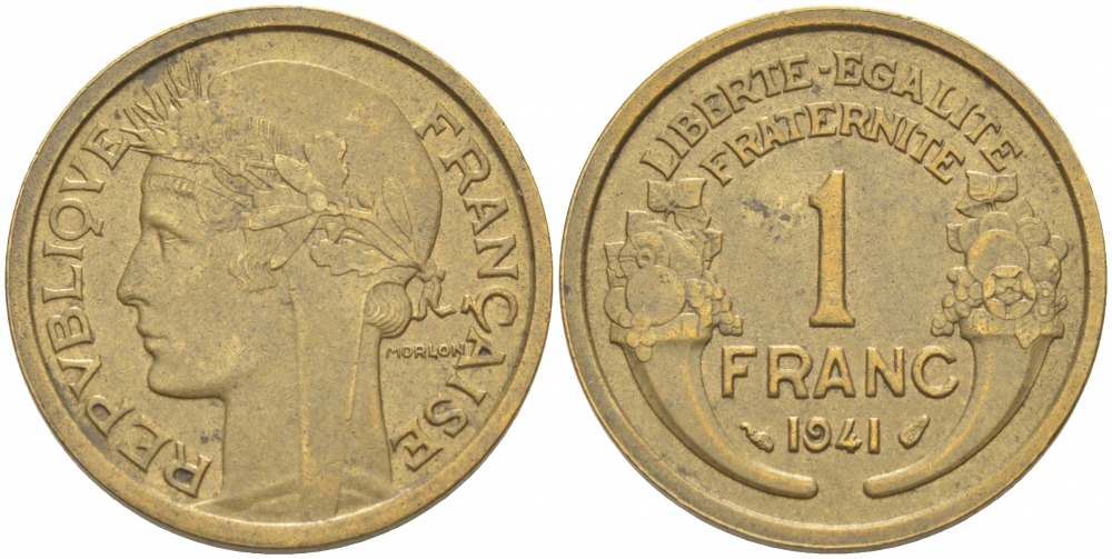 ФРАНЦИЯ 1 ФРАНК 1941 ТИП MORLON KM 885, LE FRANC 219.12 алюминиевая бронза 4402-856