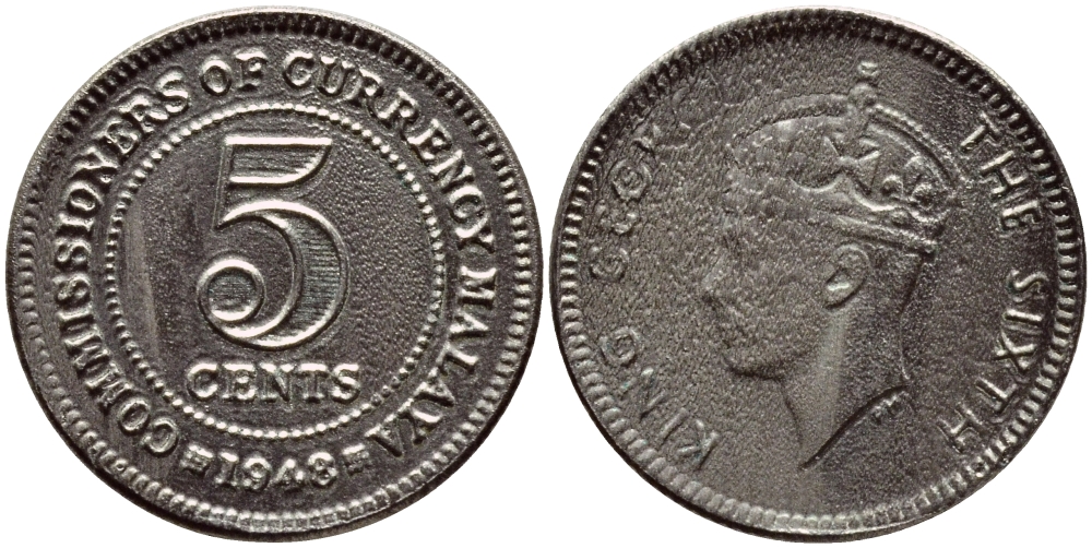 МАЛАЙЯ 5 ЦЕНТОВ 1948 ГЕОРГ VI KM 7 медно-никель 4392-1127