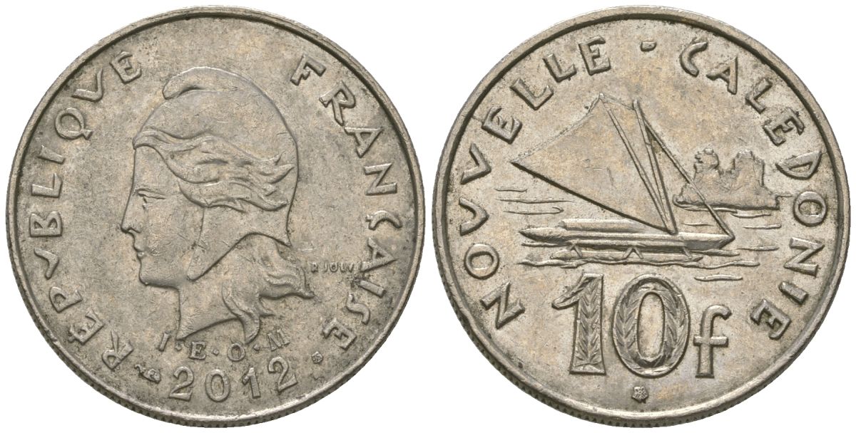 Французская Новая Каледония 10 франков 2012 рыбачья парусная лодка, (IEOM) KM 11a, Schoen 13a, Lec 99k медно-никель 67-236