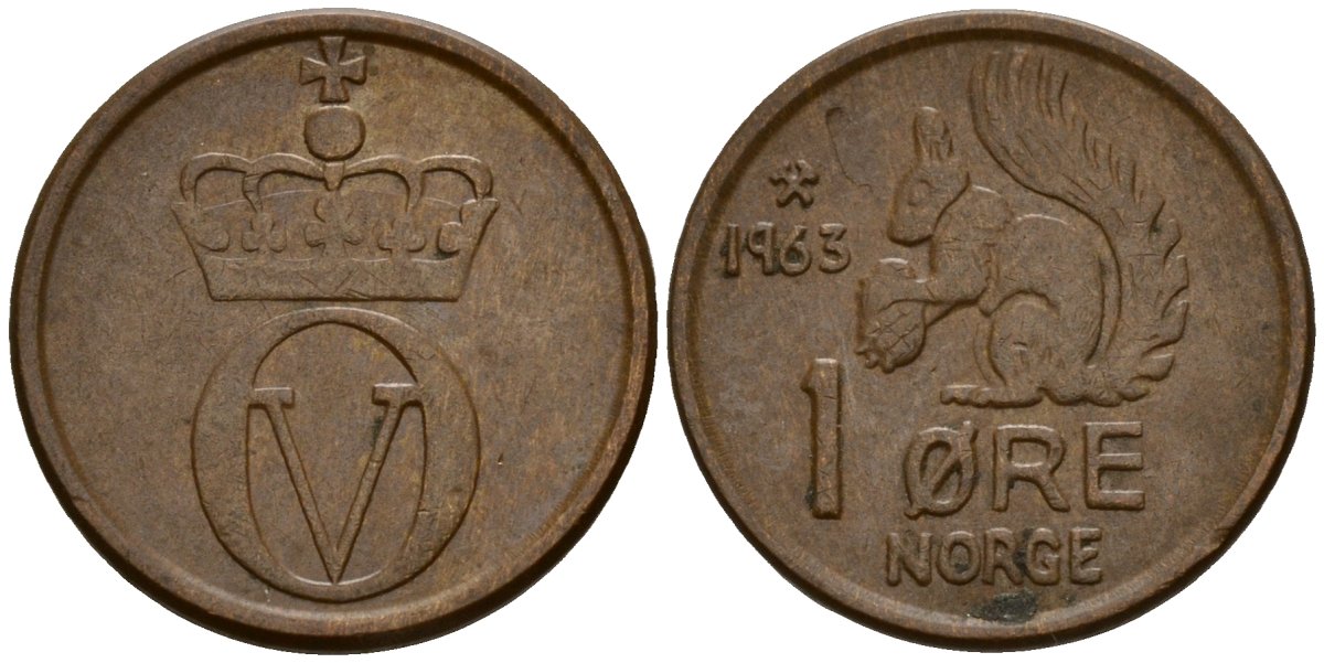 Норвегия 1 эре 1963 Улаф V (1958 - 1991) KM 403 бронза 4154-753