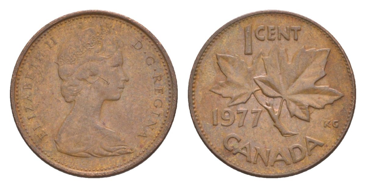 Канада 1 цент 1977 Елизавета II (1952-2022), кленовый лист KM 59 бронза 4630-556