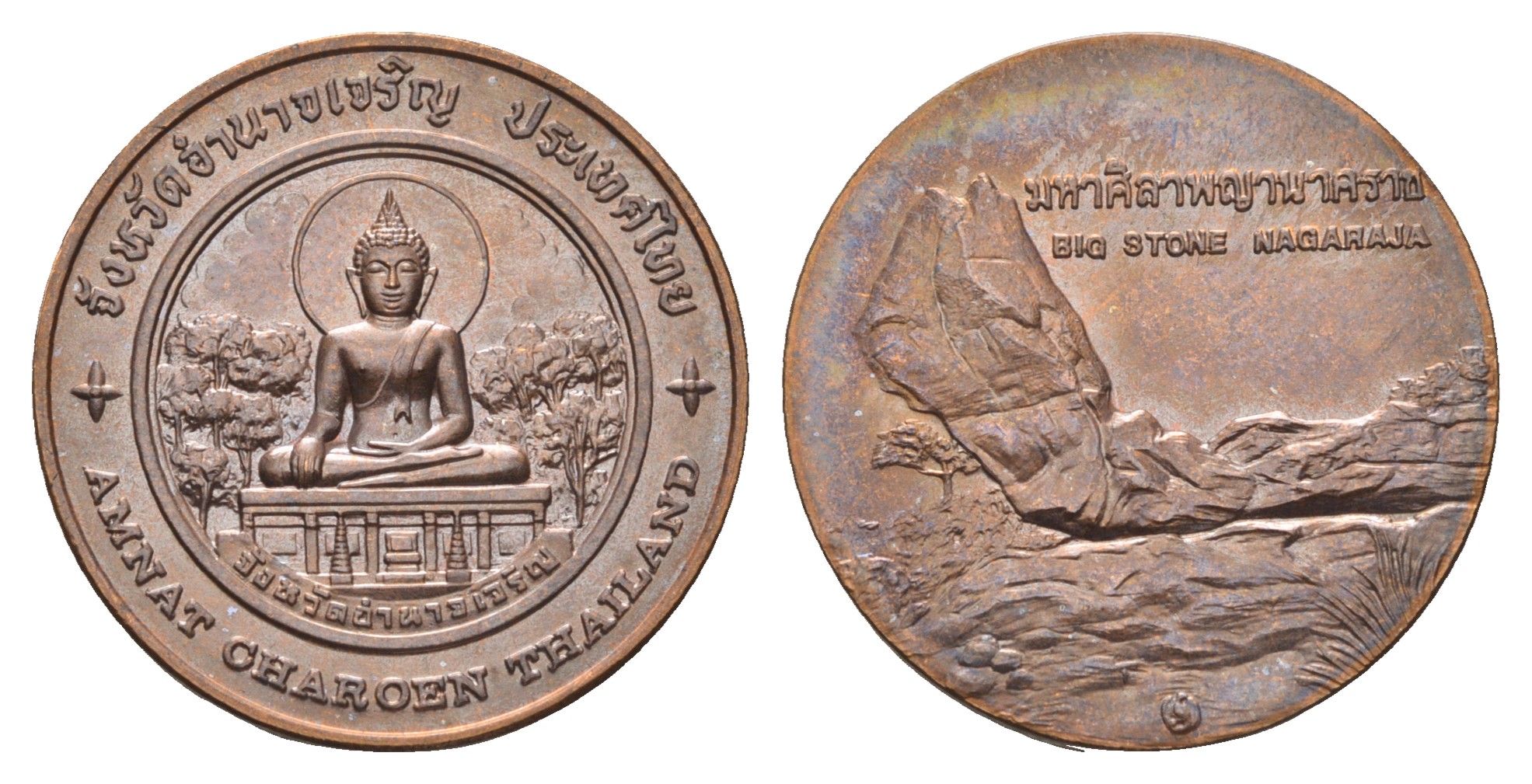 Таиланд медаль из серии провинции таиланд - Амнат Чароен XX век статуя Будды, парк Пху Са Док Буа, Большой камень Магараджа, диаметр 25 мм, вес 8,2 гр медь UNC 4663-1113