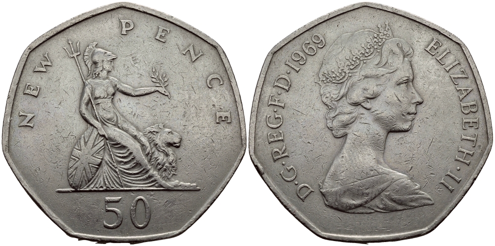 Великобритания 50 пенсов 1969 Елизавета II (1952-2022) KM 913, Spink 4223 (H1) медно-никель 72-132