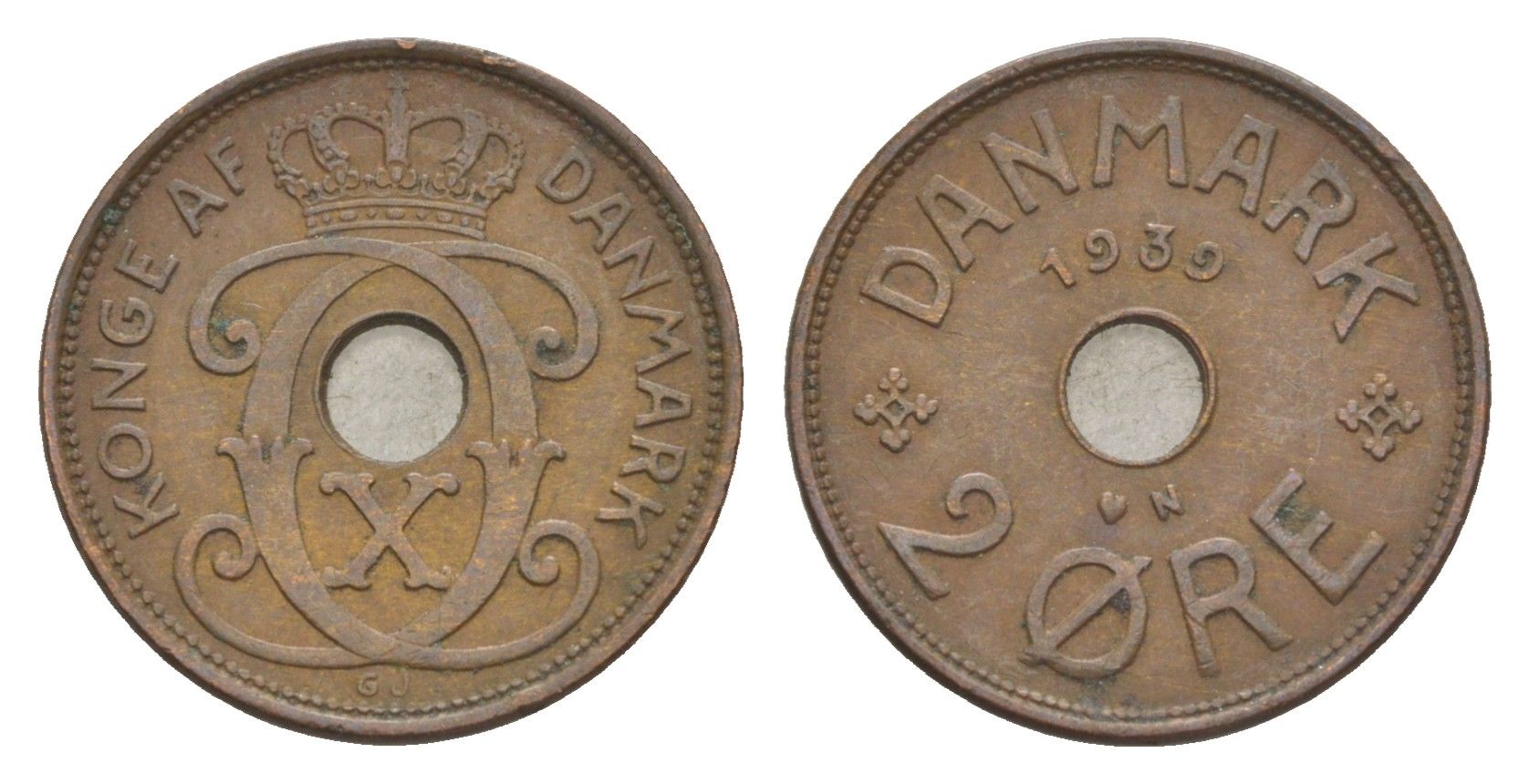 Дания 2 эре 1939 N, Кристиан X (1912-1947) KM 827 бронза 4639-766