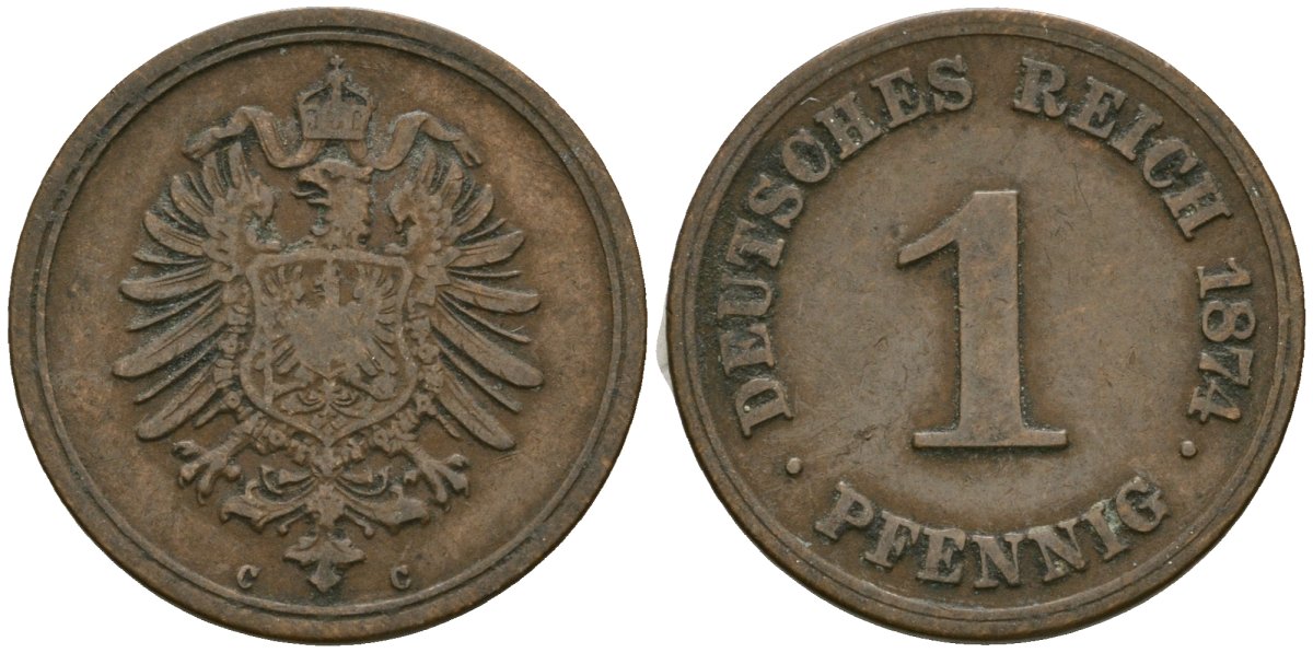Германия 1 пфенниг 1874 C, Вильгельм I (1871-1888) KM 1, J. 1, Weege 1 медь 4136-1263