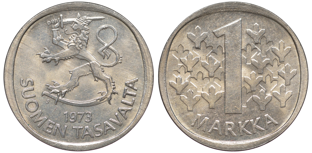 Финляндия 1 марка 1973 S KM 49а медно-никель UNC 259-423