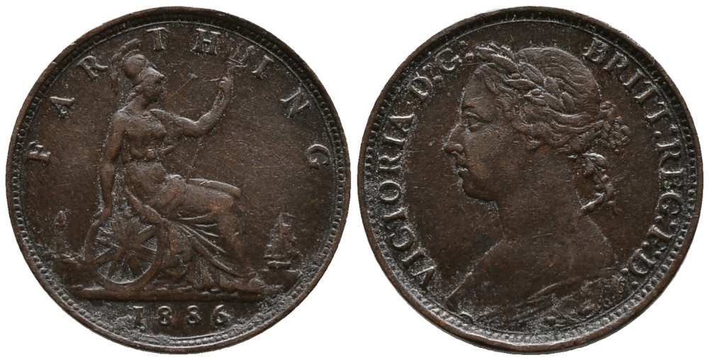 Великобритания 1 фартинг 1886 Виктория (1837-1901) KM 753, Spink 3958 бронза  1518-1133