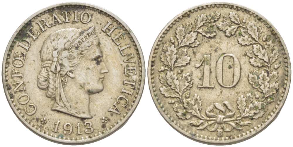 ШВЕЙЦАРИЯ 10 РАППЕНОВ 1913 В KM 27 медно-никель 4513-223