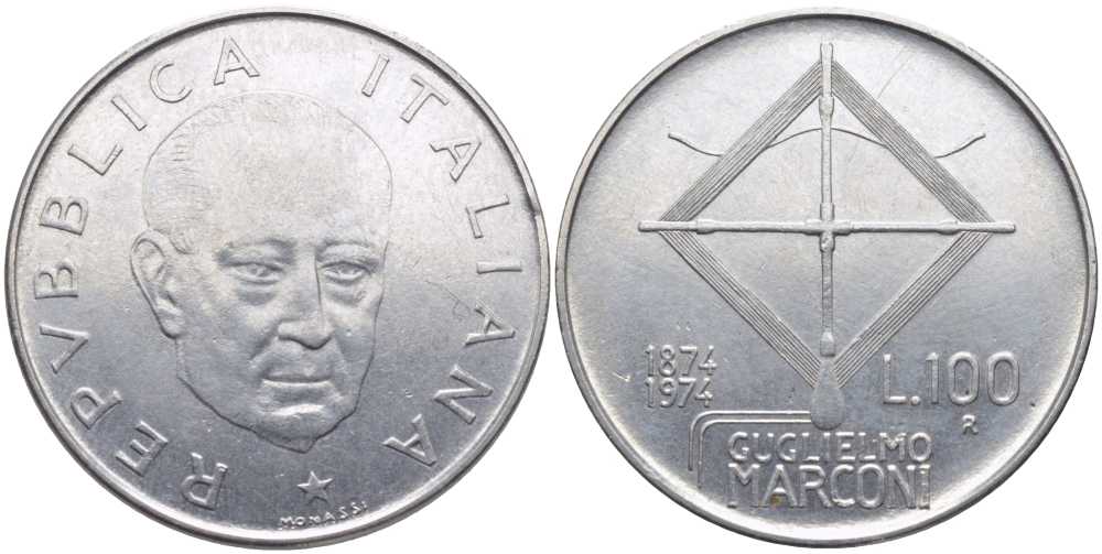 ИТАЛИЯ 100 ЛИР 1974 R, 100 ЛЕТ МАРКОНИ KM 102 нержавеющая сталь 109-1212