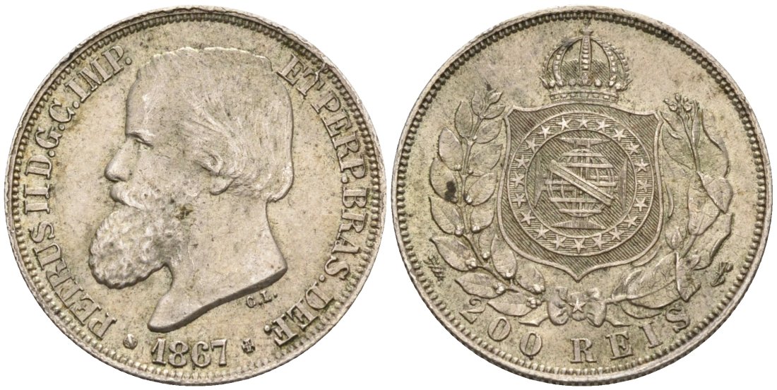 Бразилия 200 рейс 1867 Педро II (1831-1889) KM 471 серебро 188-1168