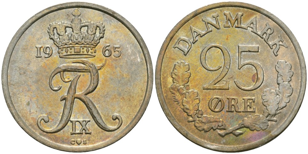 Дания 25 эре 1965 Фредерик IX (1947-1972) KM 850 медно-никель 4579-312
