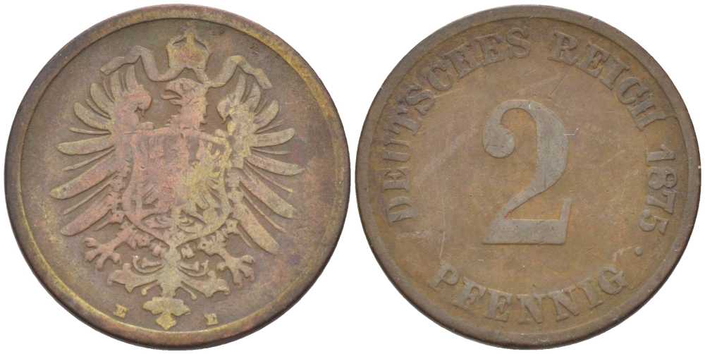 ГЕРМАНИЯ 2 ПФЕННИГА 1875 E, СТАРОГЕРБОВКА KM 2, J. 2, Weege 3 медь 212-537