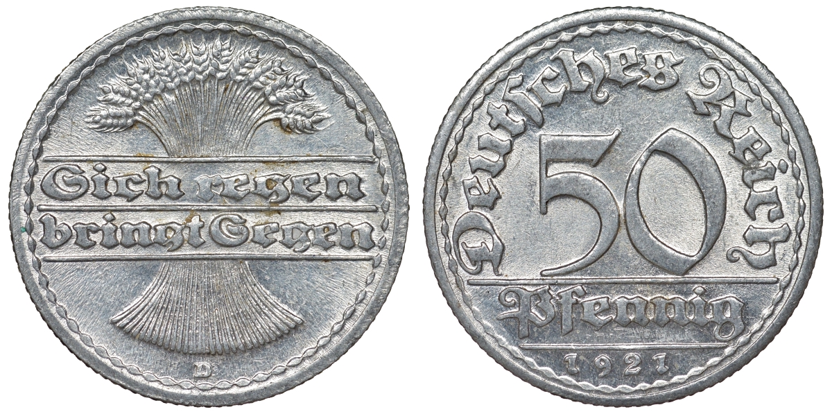 Германия 50 пфеннигов 1921 D KM 27, J. 301, Weege 10 алюминий 4121-1137