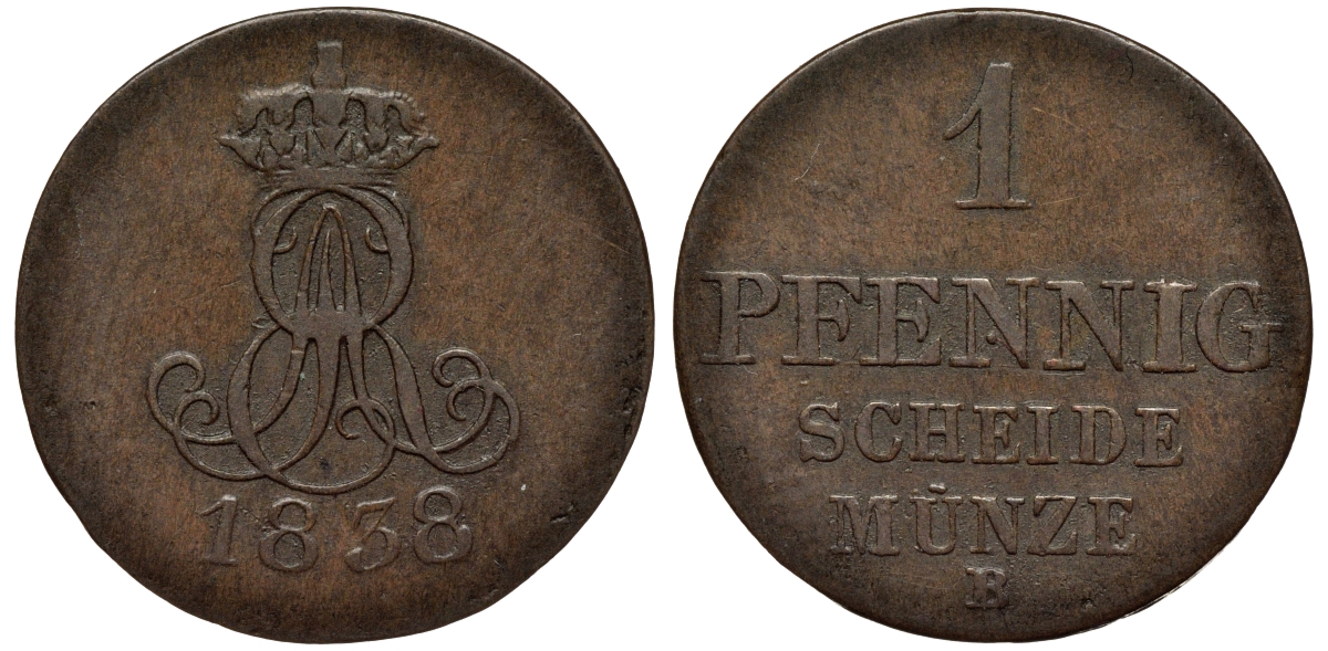 Ганновер 1 пфенниг 1838 B, Эрнст Август (1837-1851) KM 176, AKS 127, J. 53 медь 75-469