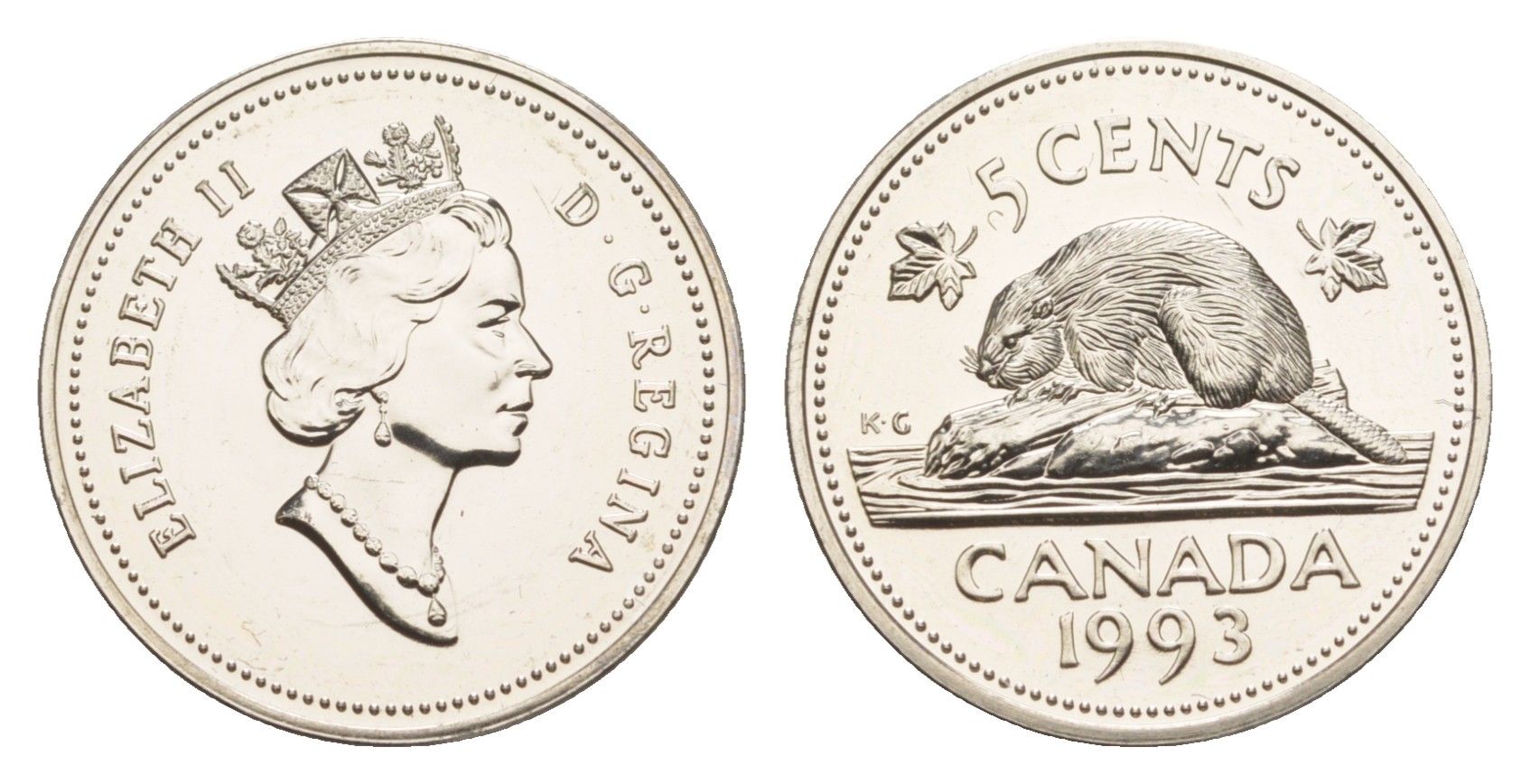 Канада 5 центов 1993 Елизавета II (1952-2022), бобр KM 182 медно-никель PROOF-LIKE (BU) 4639-521