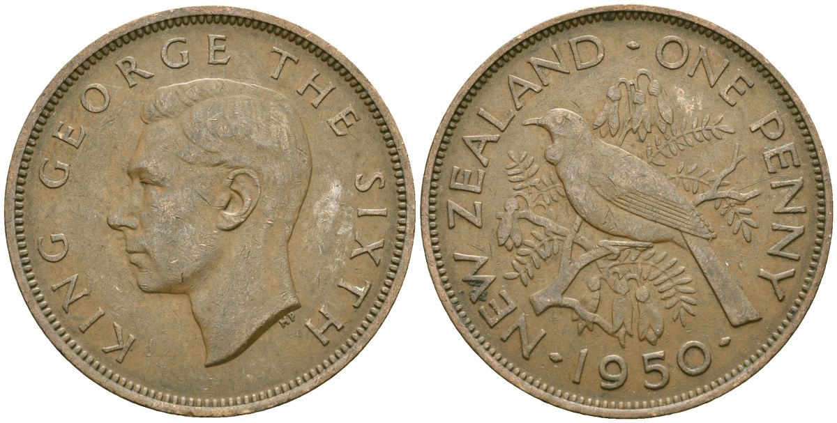 Новая Зеландия 1 пенни 1950 Георг VI (1936-1952), новозеландский туи KM 21 бронза 4536-126