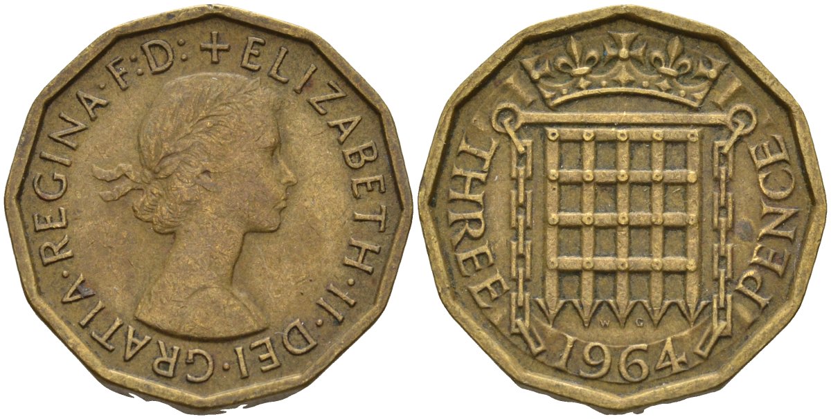 Великобритания 3 пенса 1964 Елизавета II (1952-2022) KM 900, Spink 4153 никель латунь 4146-352