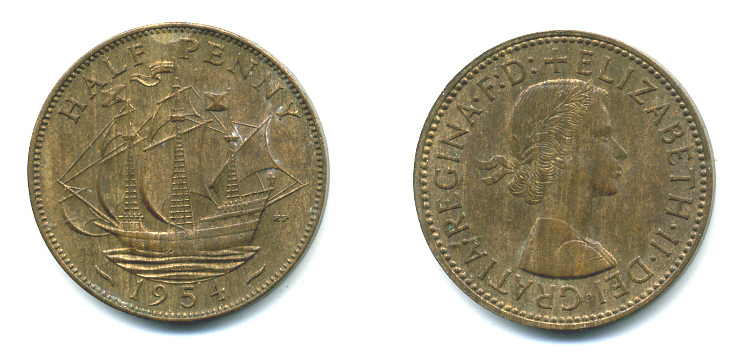 Великобритания 1/2 пенни 1954 Елизавета II (1952-2022) KM 896, Spink 4158 бронза 4383-1035