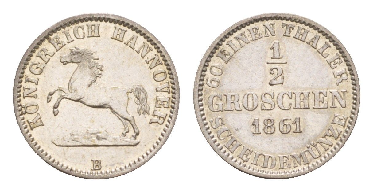 Ганновер 1/2 гроша 1861 B, Георг V (1851-1866) KM 235, AKS 151, J. 92 серебро  aUNC  1527-441