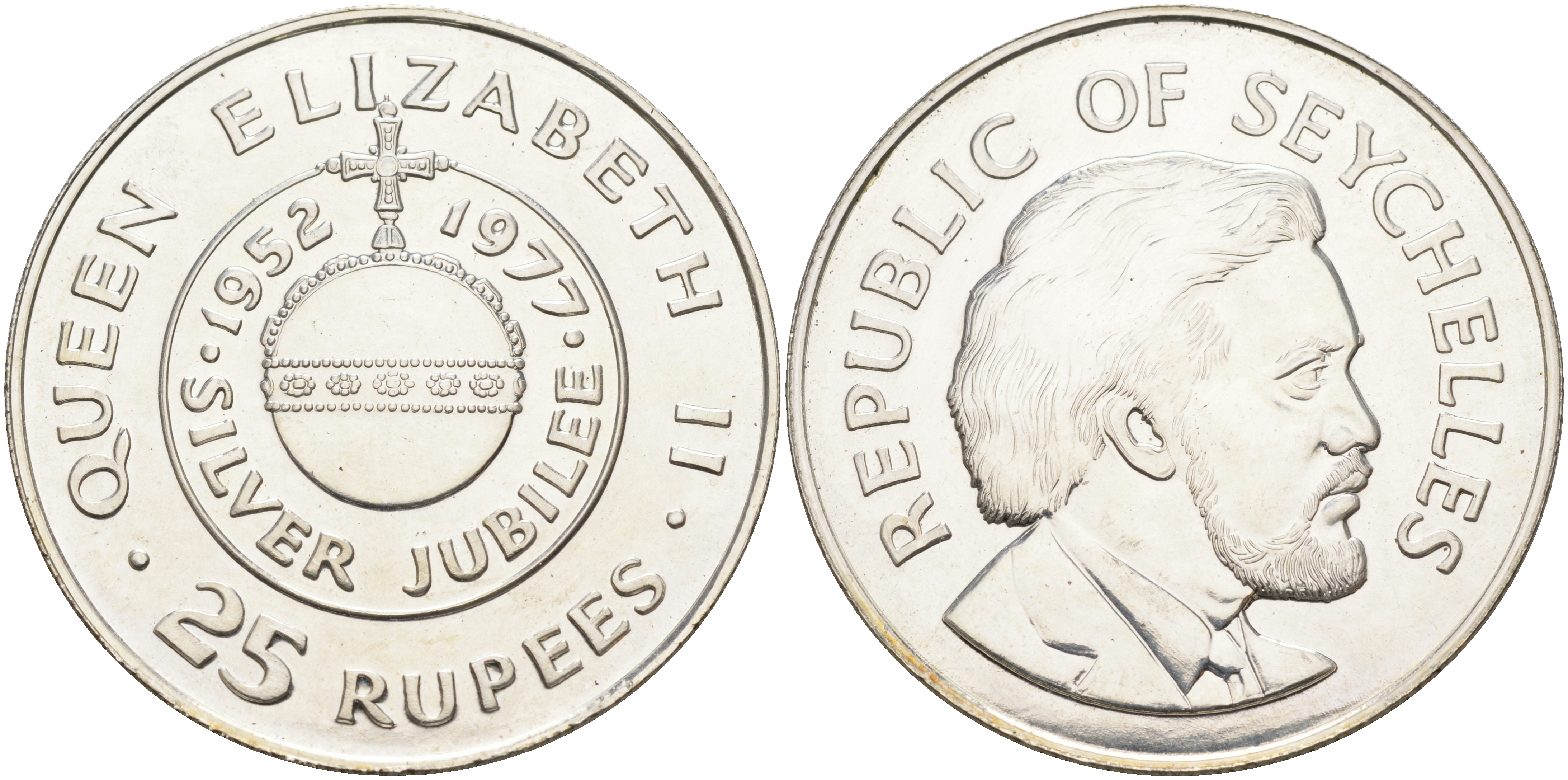 Сейшельские острова 25 рупий 1977 25 лет правления (серебрянный юбилей) королевы Елизаветы II (1952-1977) KM 38 a серебро BUNC 1095-9-34