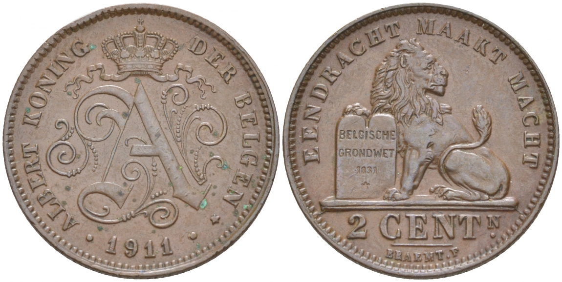 БЕЛЬГИЯ 2 САНТИМА 1911 BELGEN KM 65 медь 68-215