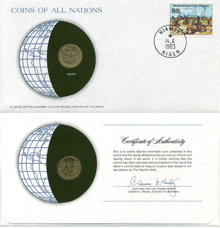 ВАЛЮТНЫЙ СОЮЗ СТРАН ЗАПАДНОЙ АФРИКИ, НИГЕР 5 ФРАНКОВ 1982 конверт с маркой первого дня гашения, Coins of Nations KM 2а алюминиевая бронза UNC 4294-57-3
