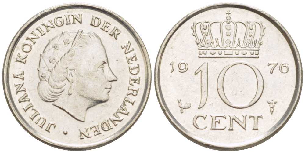 Нидерланды 10 центов 1976 Юлиана (1948-1980) КМ 182 никель 211-1224