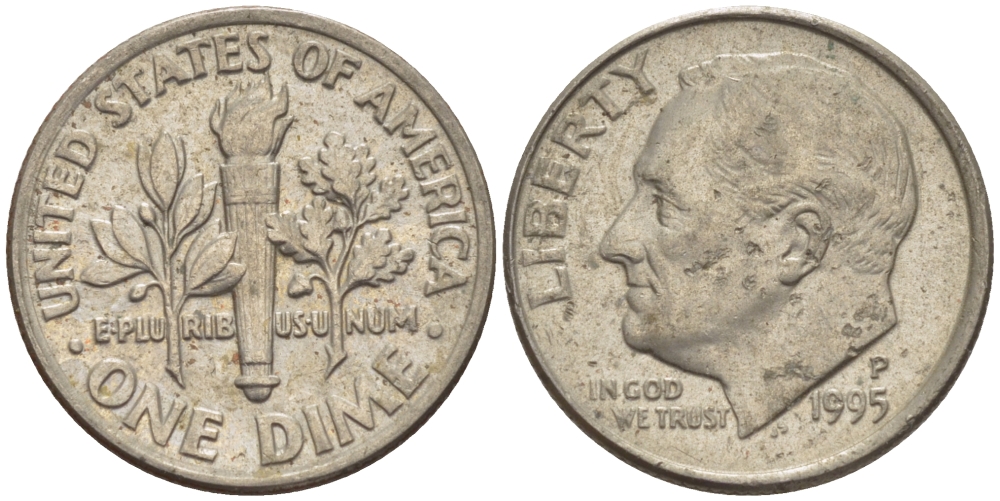 США 10 ЦЕНТОВ = 1 ДАЙМ 1995 P, РУЗВЕЛЬТ KM 195а медь плакированная медно-никелем 66-1131