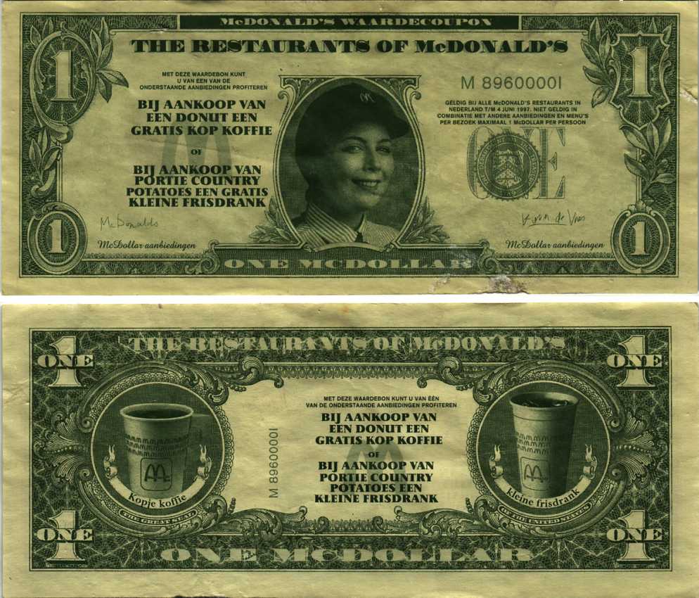 НИДЕРЛАНДЫ 1 МАКДОЛЛАР, КУПОН НА СКИДКУ 1997 РЕКЛАМНАЯ ЛИСТОВКА РЕСТОРАНА МАКДОНАЛЬДС, ПРИ ПОКУПЛЕ КЕКСА - КОФЕ В ПОДАРОК, А ПРИ ПОКУПКЕ ОДНОЙ ПОРЦИИ КАРТОФЕЛЯ ПО ДЕРЕВЕНСКИ ОДИН БЕЗАЛКОГОЛЬНЫЙ НАПИТОК В ПОДАРОК, АКЦИЯ РЕСТОРАНА МАКДОНАЛЬДС 4 ИЮНЯ 1997 В