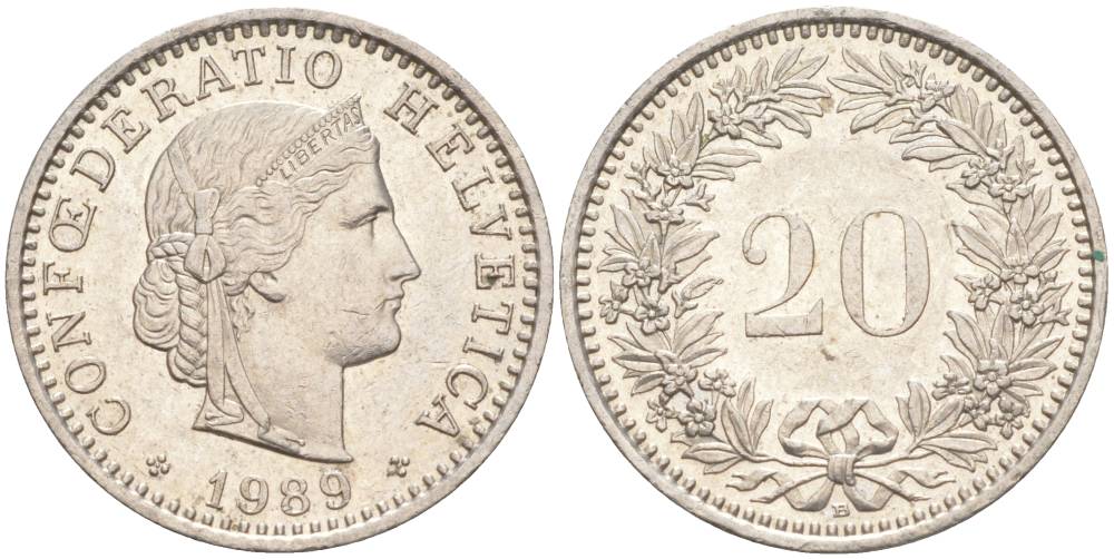 ШВЕЙЦАРИЯ 20 РАППЕНОВ 1989 В KM 29a медно-никель 55-1034
