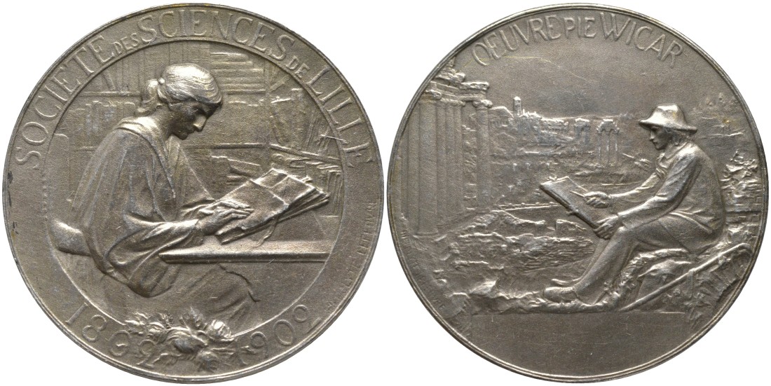 Франция медаль 1902 100 ЛЕТ НАУЧНОМУ ОБЩЕСТВУ ГОРОДА ЛИЛЬ, диаметр 38 мм. белый металл 4552-134