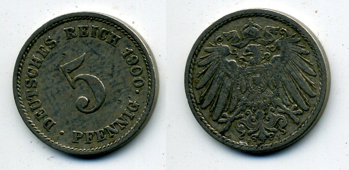 ГЕРМАНИЯ 5 ПФЕННИГОВ 1900 J, KM 11, J. 12 медно-никель 58-1145