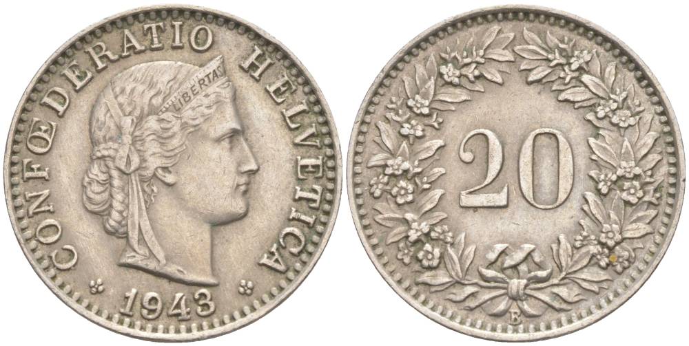 ШВЕЙЦАРИЯ 20 РАППЕНОВ 1943 В KM 29a медно-никель 55-713