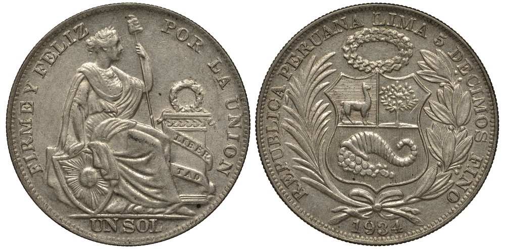 Перу 1 соль 1934 KM 218.2 серебро aUNC 272-1015