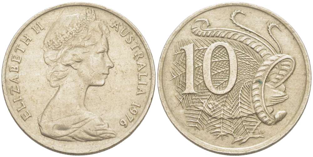 Австралия 10 центов 1976 Елизавета II (1952-), птица лирахвост KM 65 медно-никель 4519-417