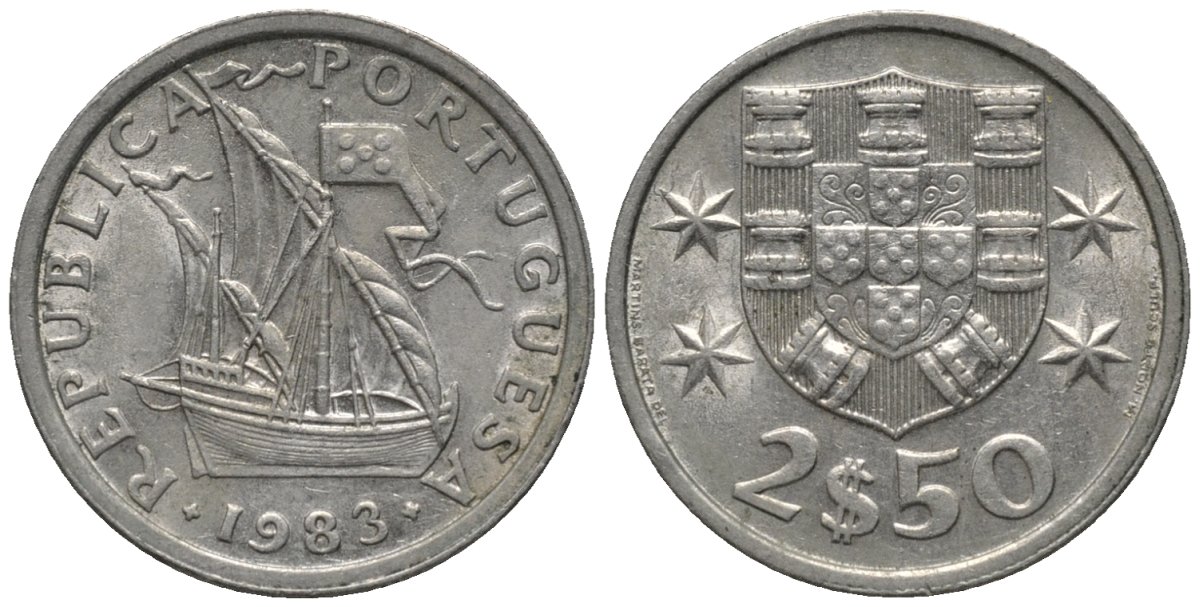 Португалия 2,5 эскудо 1983 парусник KM 590 медно-никель 4608-958