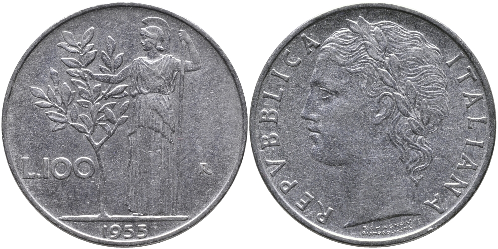 ИТАЛИЯ 100 ЛИР 1955 R, АФИНА KM 96.1 нержавеющая сталь 97-536