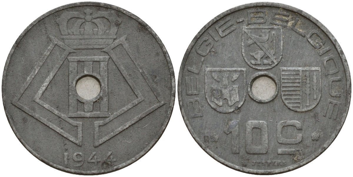 Бельгия 10 сантимов 1944 Belgie - Belgique, Леопольд III (1934-1947), германская оккупация, Вторая мировая война KM 126 цинк 4161-345