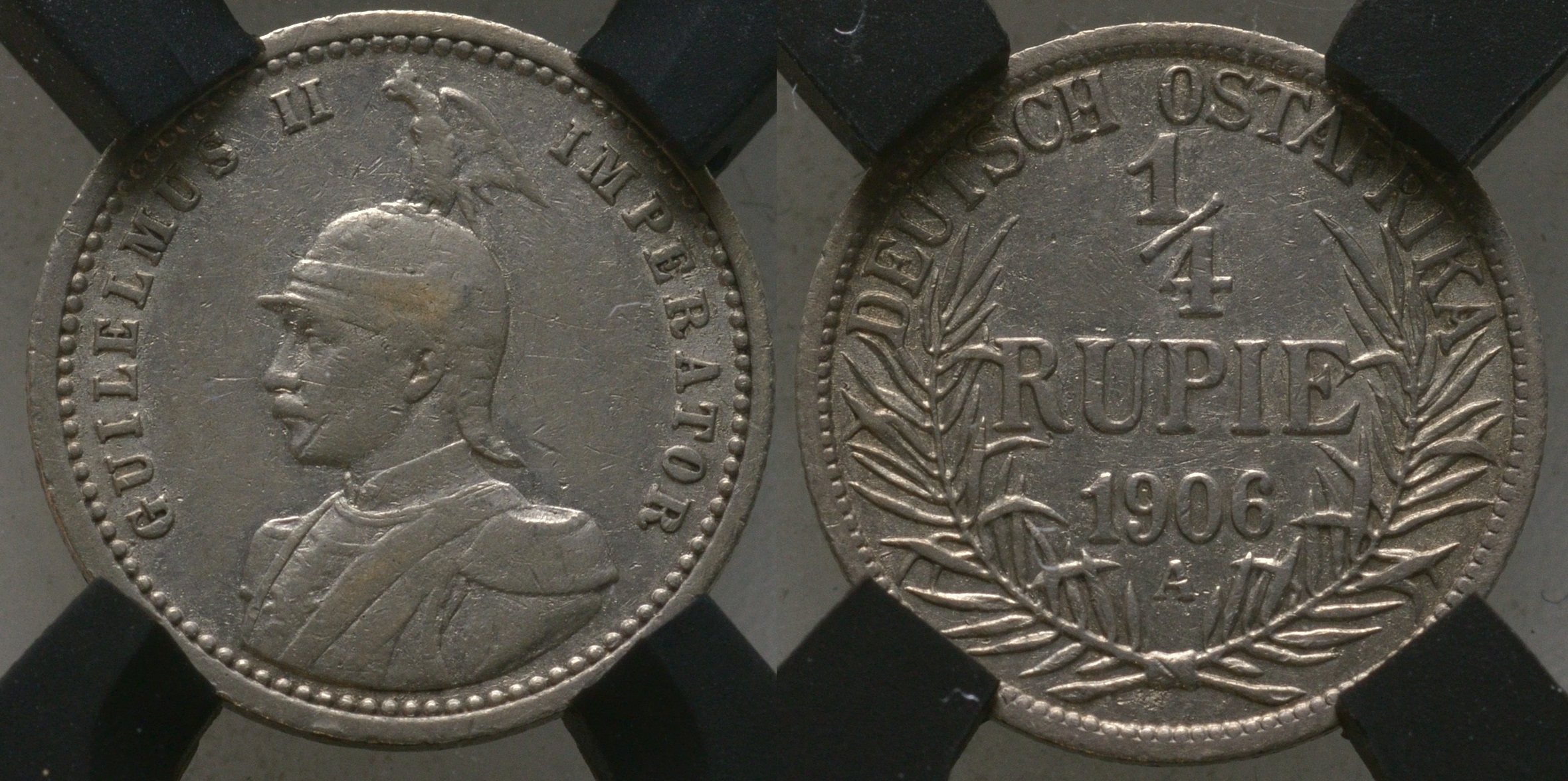 Немецкая Восточная Африка (Танзания) 1/4 рупии 1906 A, Ost-Africa, Вильгельм II (1888-1918), в слабе RNGA XF 40 Jaeger 720, KM 8 серебро    15-011-03