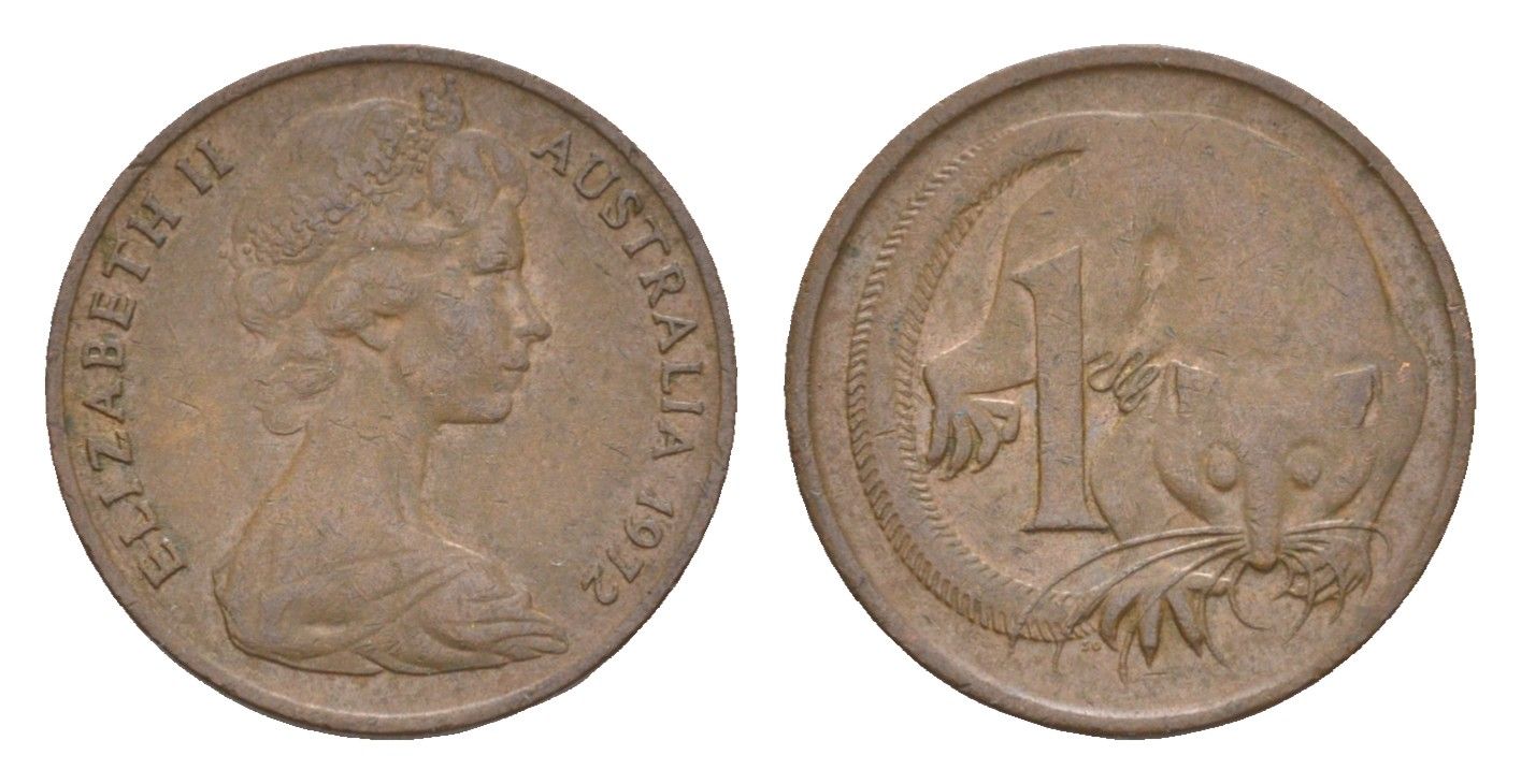 Австралия 1 цент 1972 Елизавета II (1952-2022), молодой портрет, опоссум KM 62 бронза 4655-1212
