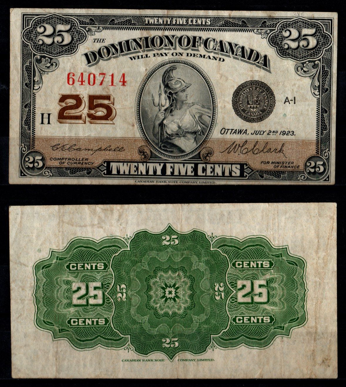 Канада 25 центов 1923 Pick 11 c бумага UNC (пресс) 451-1224-3