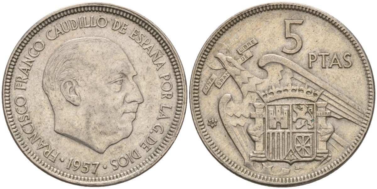 Испания 5 песет 1957 (62) Франсиско Франко (1939 - 1975) KM 786 медно-никель 4155-537