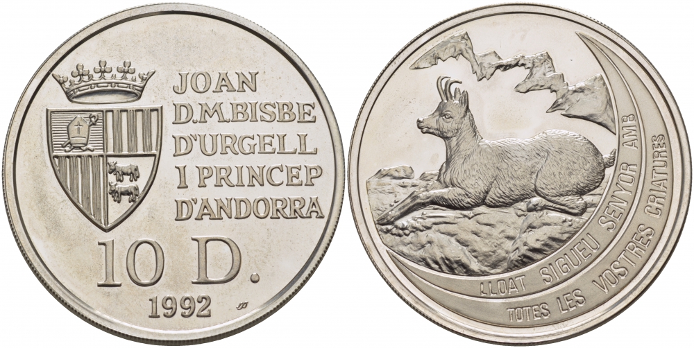Андорра 10 динеров 1992 серия сохраним наш мир, серна KM 75 серебро PROOF 1077-2-52