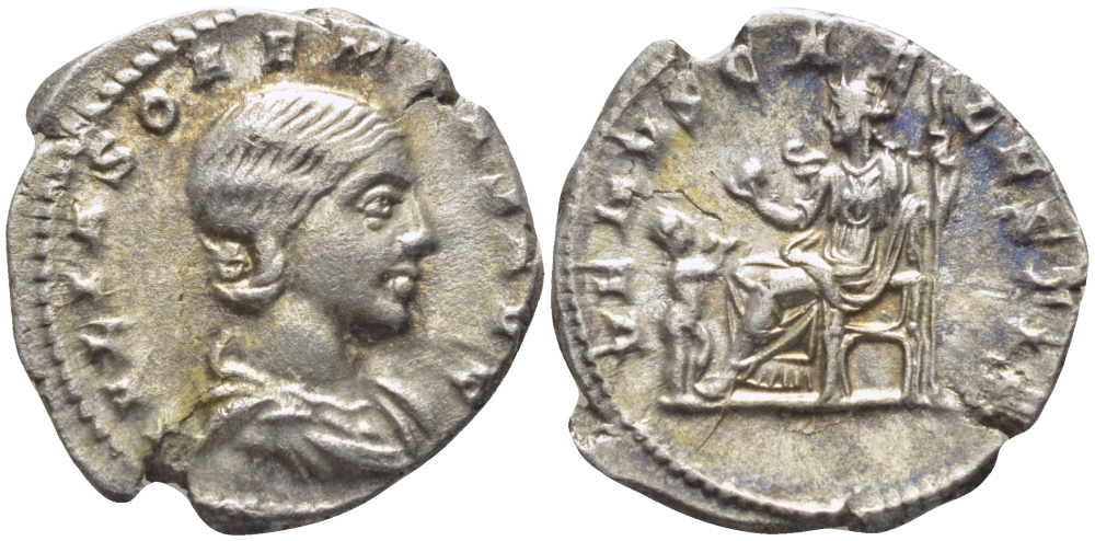 Римская Империя денарий 220 Юлия Соэмия, мать Элагабала VENVS CAELESTIS, Венера, Рим Very fine RIC 243 серебро 1073-15-56