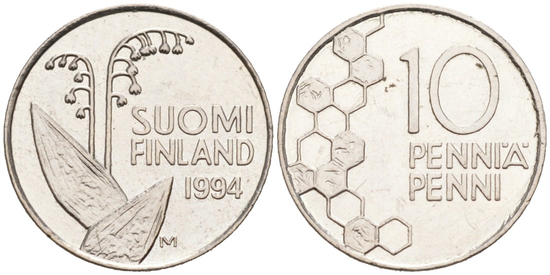 ФИНЛЯНДИЯ 10 ПЕННИ 1994 М, ЛАНДЫШ KM 65 медно-никель 192-1143