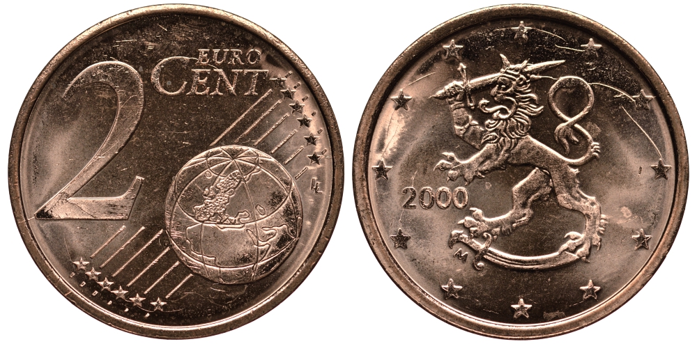ФИНЛЯНДИЯ 2 ЕВРОЦЕНТА 2000 KM 99 сталь плакированная медью UNC 4181-446